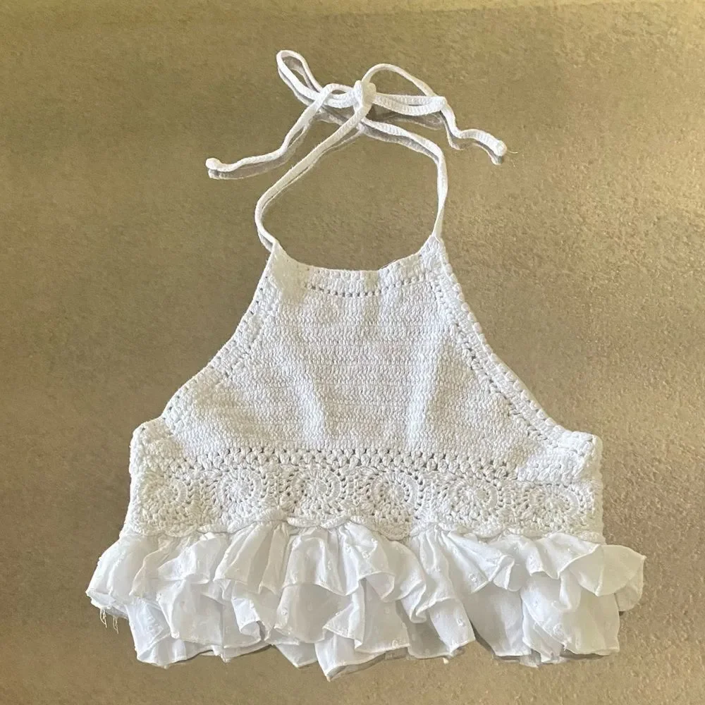 American Eagle White Crochet Halter Top